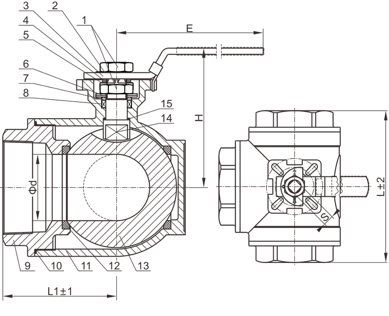 C801 platform threads in a three-way ball valve